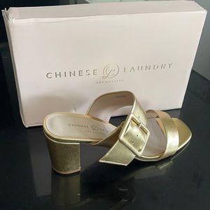 Chinese Laundry gold block heel slides